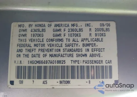 2007 Honda Accord 3.0 Se from USA, damaged, VIN 1HGCM66497A018825